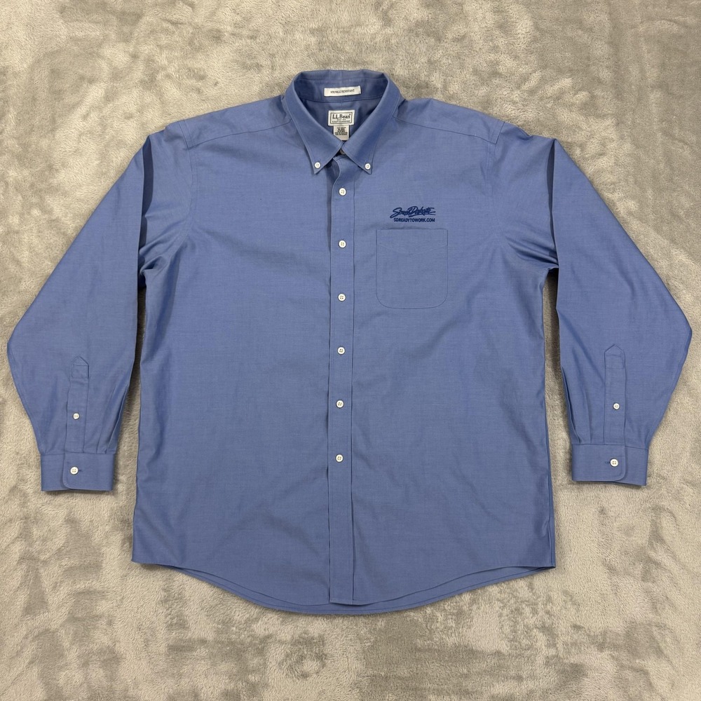 L.L. Bean Shirt Mens XL Blue Wrinkle Resistant Pleated Work South Dakota Logo